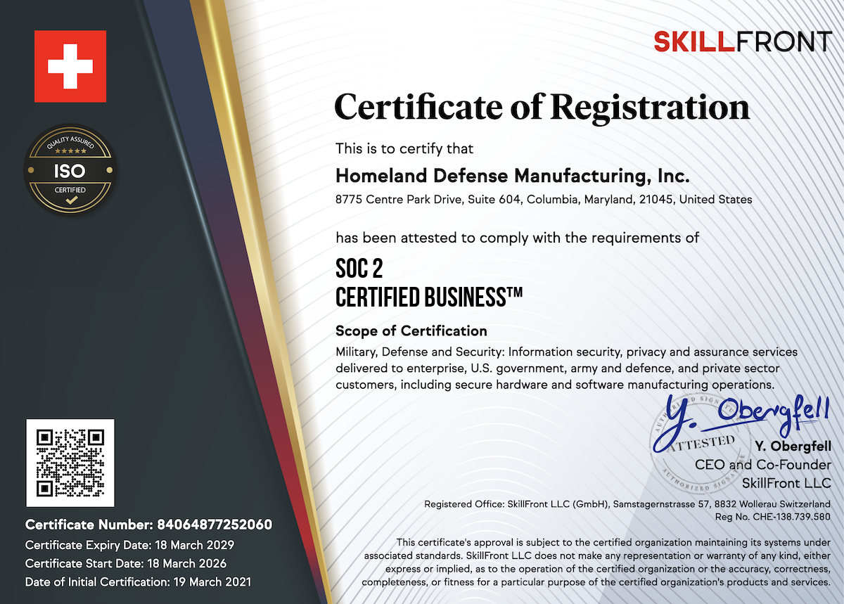 SkillFront SOC 2 (System and Organization Controls 2) Certified Business™ Certification Document